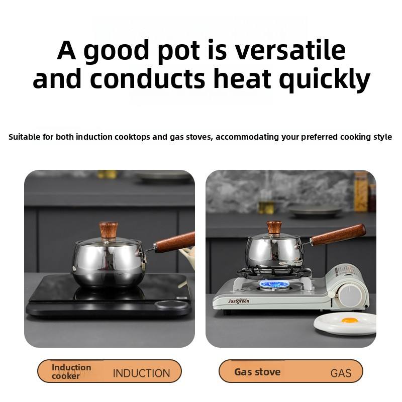 316Stainless Steel Milk Pot with Modern Design Tempered Glass Lid Wooden Handle for Baby Food Heating and Oil Splashing