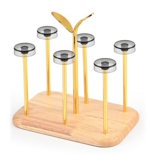 6-Cup Holder Tumbler & Water Bottle Organizer | Wooden Base Countertop Drying Rack