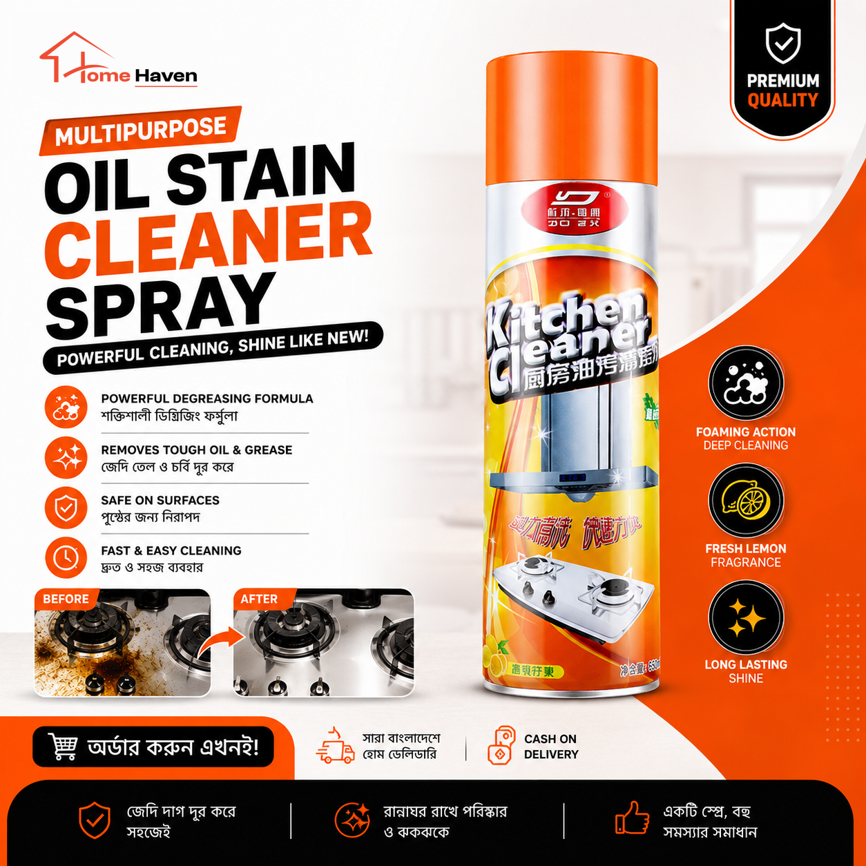 Multipurpose Kitchen Degreaser Spray | Foaming Oil & Grease Cleaner for Oven, Stove & Kitchen Surfaces