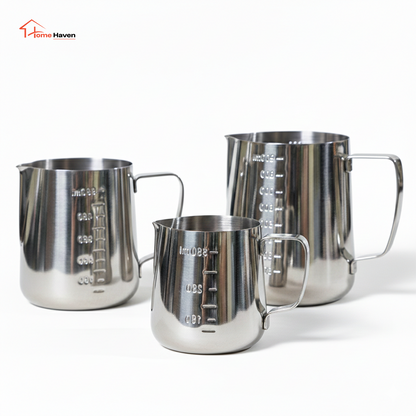Stainless Steel Coffee Milk Frothing Pitcher – Measuring Cup Compatible with Handheld Milk Foam Machines (350ml / 600ml / 1000ml)