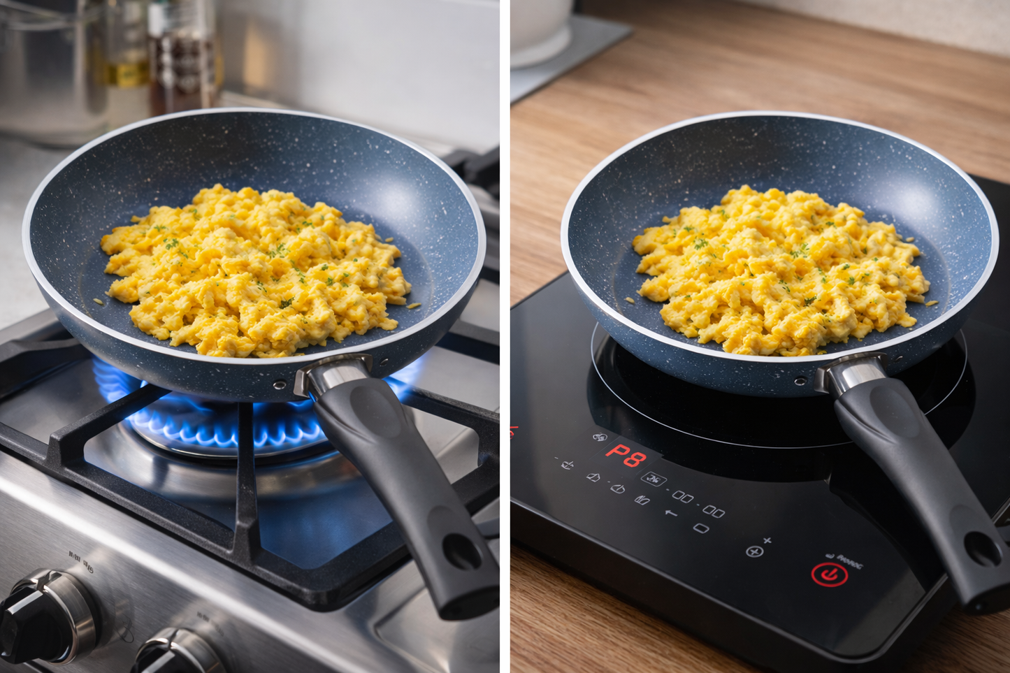 Frying pan with scrambled eggs on a gas stove and induction cooktop.