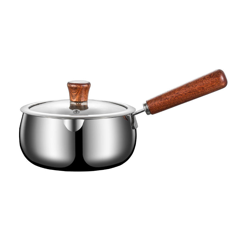 316Stainless Steel Milk Pot with Modern Design Tempered Glass Lid Wooden Handle for Baby Food Heating and Oil Splashing