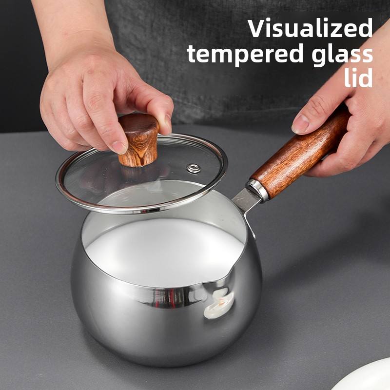316Stainless Steel Milk Pot with Modern Design Tempered Glass Lid Wooden Handle for Baby Food Heating and Oil Splashing
