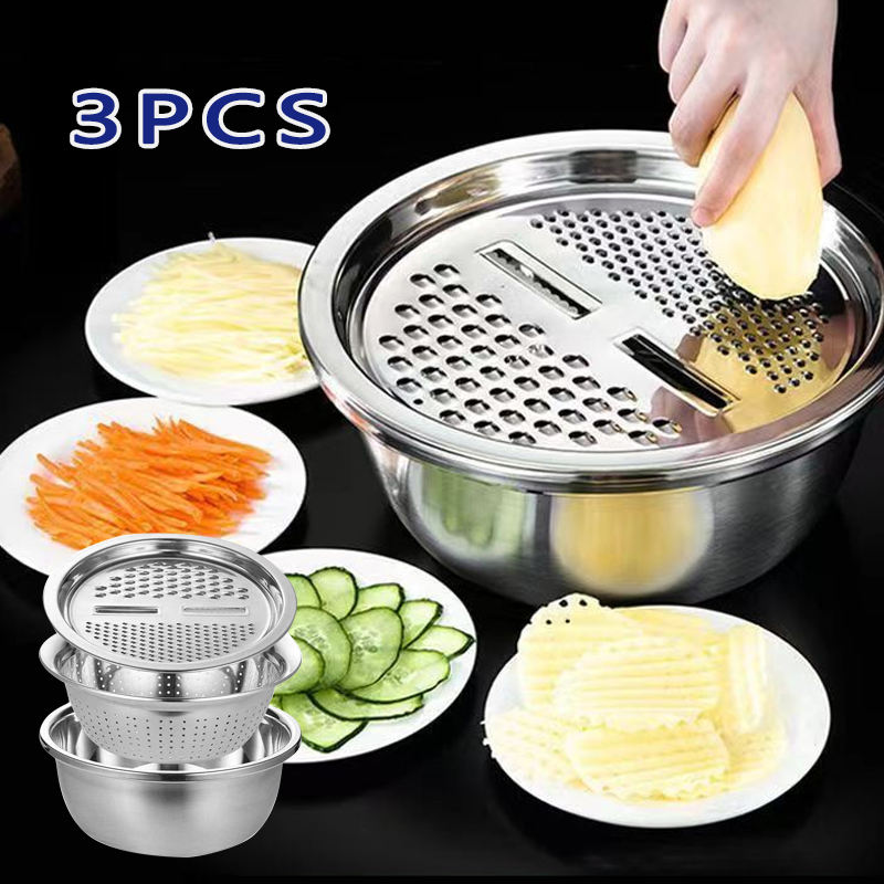 3pcs Stainless Steel Kitchen Tools Set – Chopper, Slicer, Grater &amp; Drain Basin