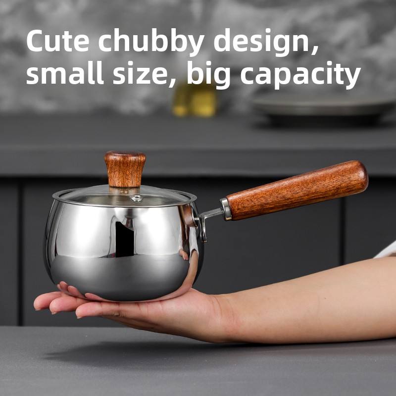 316Stainless Steel Milk Pot with Modern Design Tempered Glass Lid Wooden Handle for Baby Food Heating and Oil Splashing