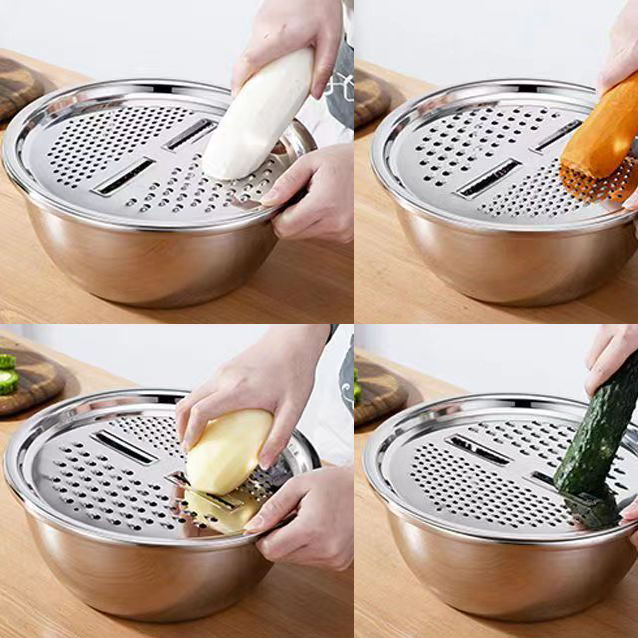 3pcs Stainless Steel Kitchen Tools Set – Chopper, Slicer, Grater &amp; Drain Basin