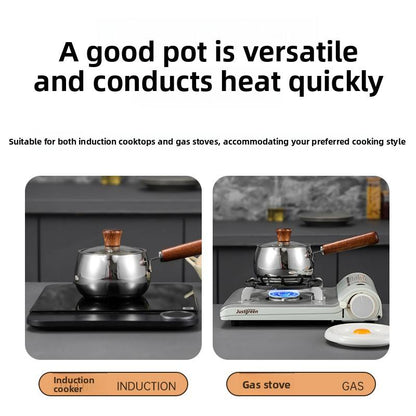316Stainless Steel Milk Pot with Modern Design Tempered Glass Lid Wooden Handle for Baby Food Heating and Oil Splashing