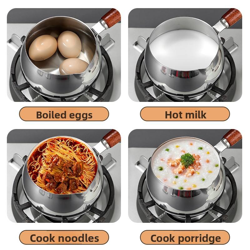 316Stainless Steel Milk Pot with Modern Design Tempered Glass Lid Wooden Handle for Baby Food Heating and Oil Splashing