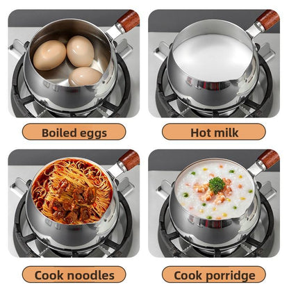 316Stainless Steel Milk Pot with Modern Design Tempered Glass Lid Wooden Handle for Baby Food Heating and Oil Splashing