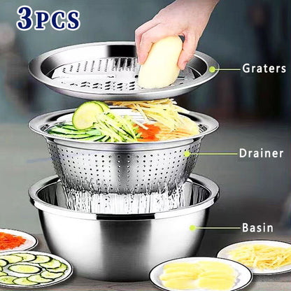 3pcs Stainless Steel Kitchen Tools Set – Chopper, Slicer, Grater &amp; Drain Basin