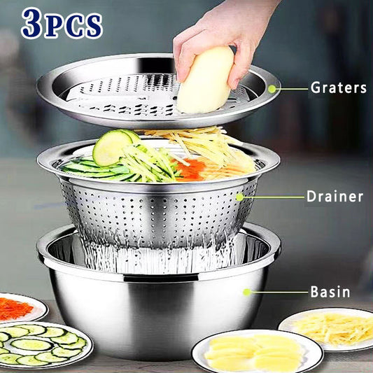 3pcs Stainless Steel Kitchen Tools Set – Chopper, Slicer, Grater &amp; Drain Basin