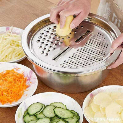 3pcs Stainless Steel Kitchen Tools Set – Chopper, Slicer, Grater &amp; Drain Basin