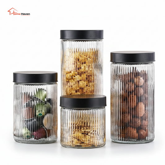 Glass Storage Jar Set | Airtight Kitchen Containers with Black Lids