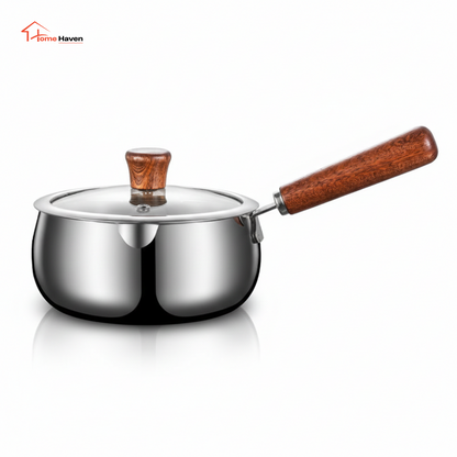 316 Stainless Steel Milk Pot | Baby Food Heating Pot with Glass Lid & Wooden Handle