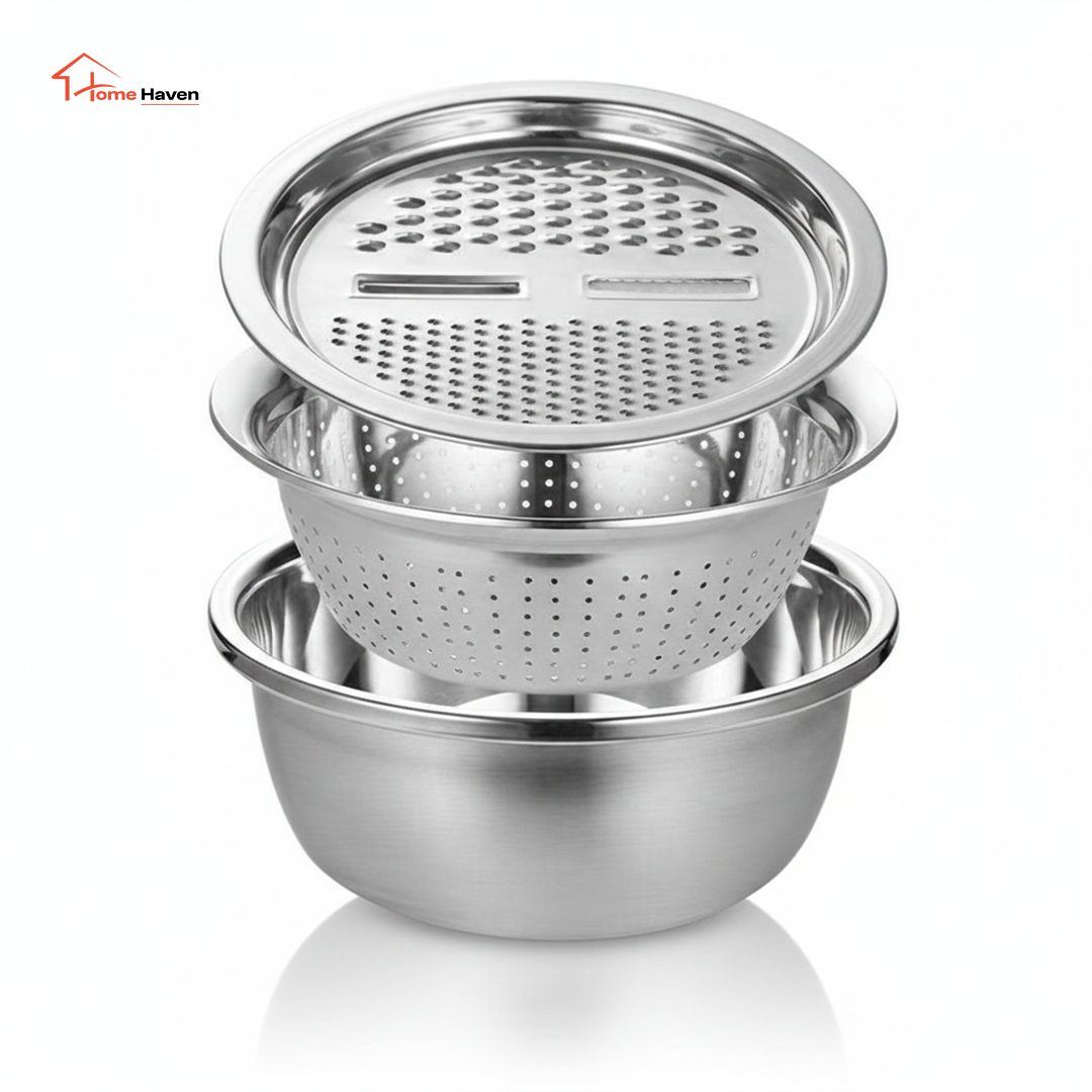 3pcs Stainless Steel Kitchen Tools Set | Chopper, Slicer & Drain Basin Combo