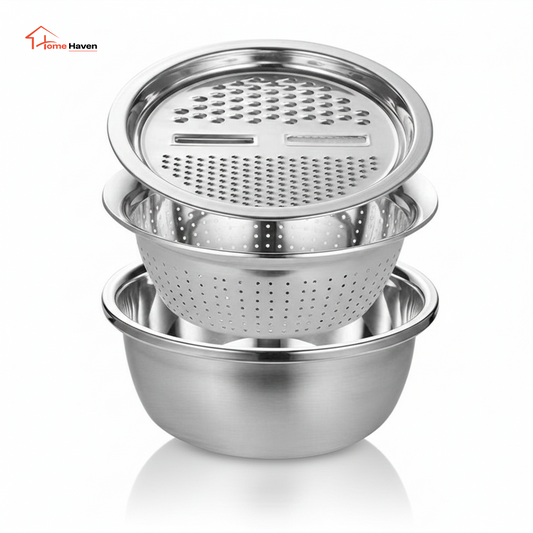3pcs Stainless Steel Kitchen Tools Set – Chopper, Slicer, Grater &amp; Drain Basin