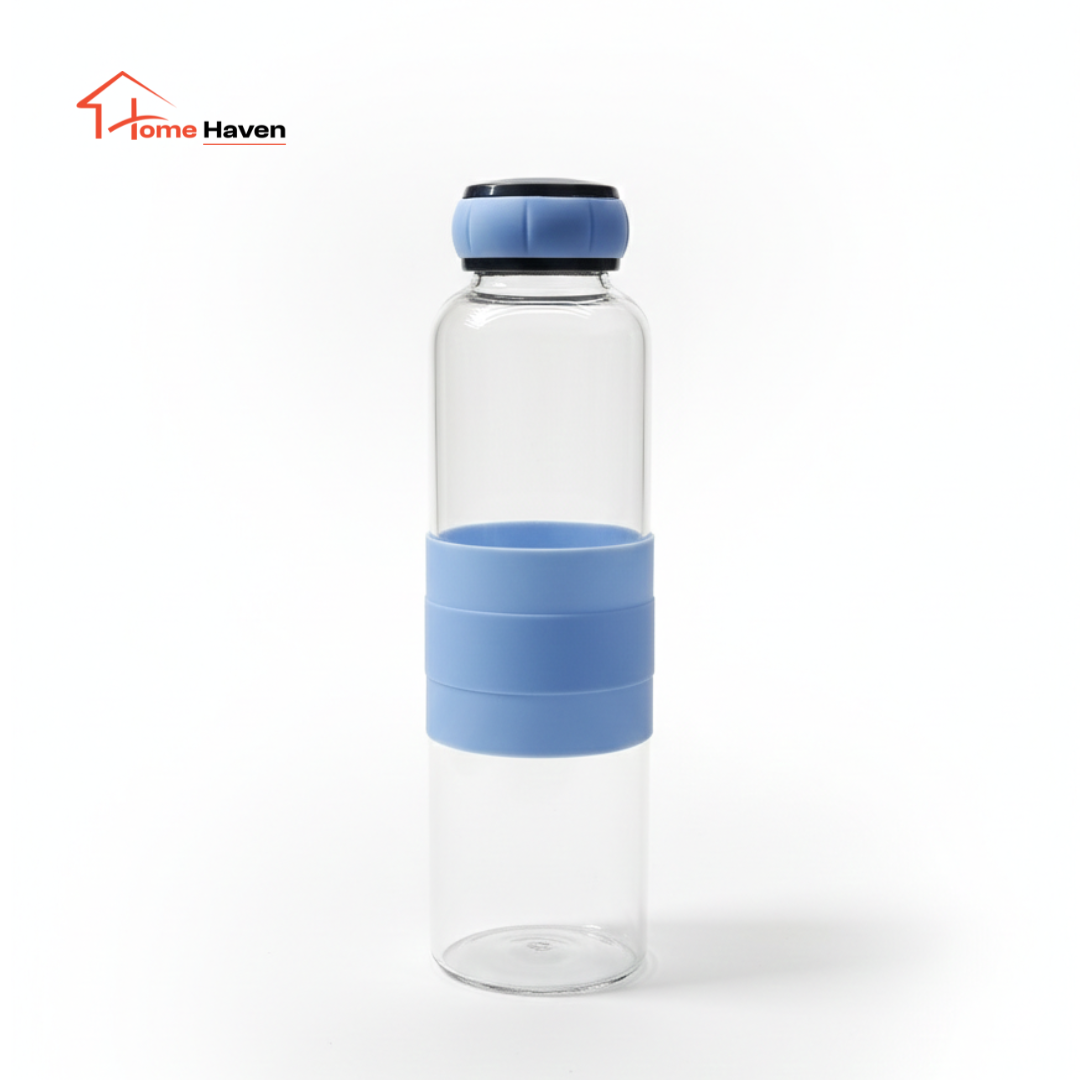 Transparent glass water bottle with blue lid