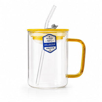 490ml Borosilicate Glass Tumbler with Handle, Lid & Straw | Heat-Resistant Drinking Cup