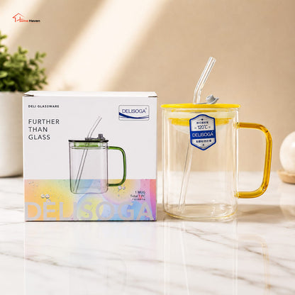 490ml Borosilicate Glass Tumbler with Handle, Lid & Straw | Heat-Resistant Drinking Cup