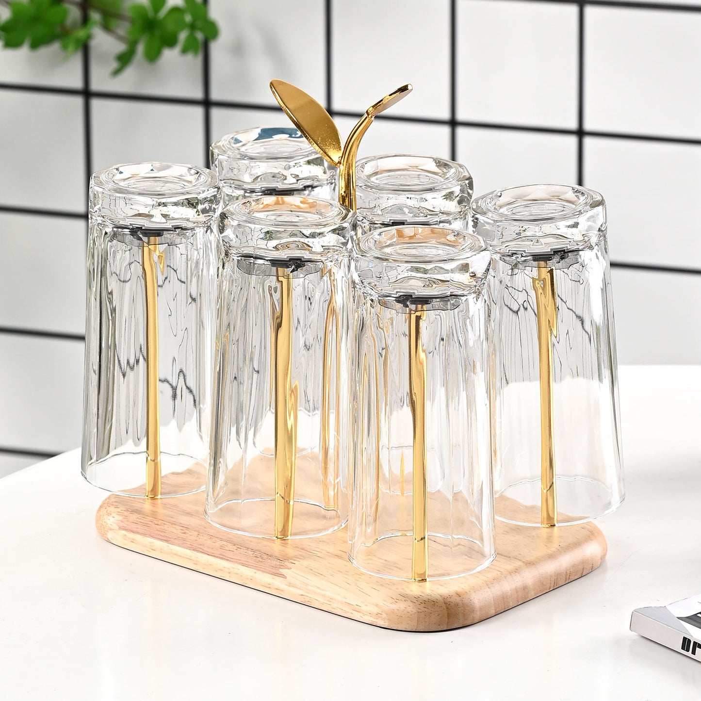 6-Cup Holder Tumbler & Water Bottle Organizer | Wooden Base Countertop Drying Rack